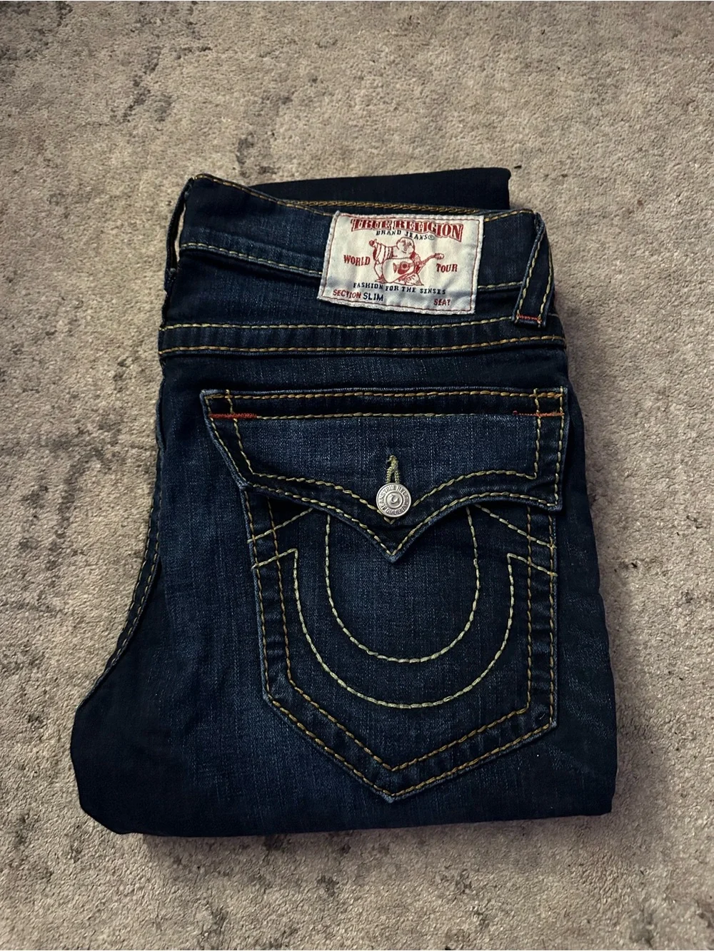 True Religion Men’s Dark Blue Straight Jeans with Contrast Stitching